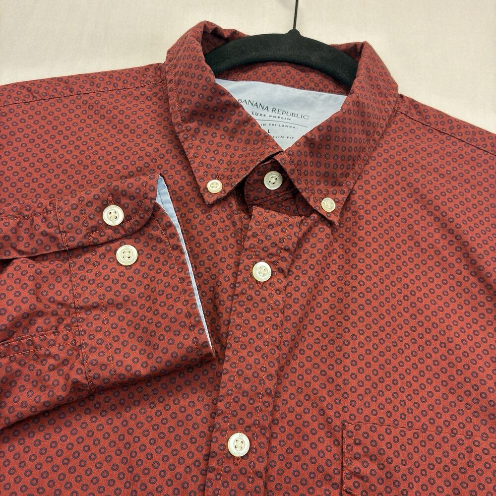 Banana Republic Luxe Poplin Shirt Men L Red Geometric Button Down Slim